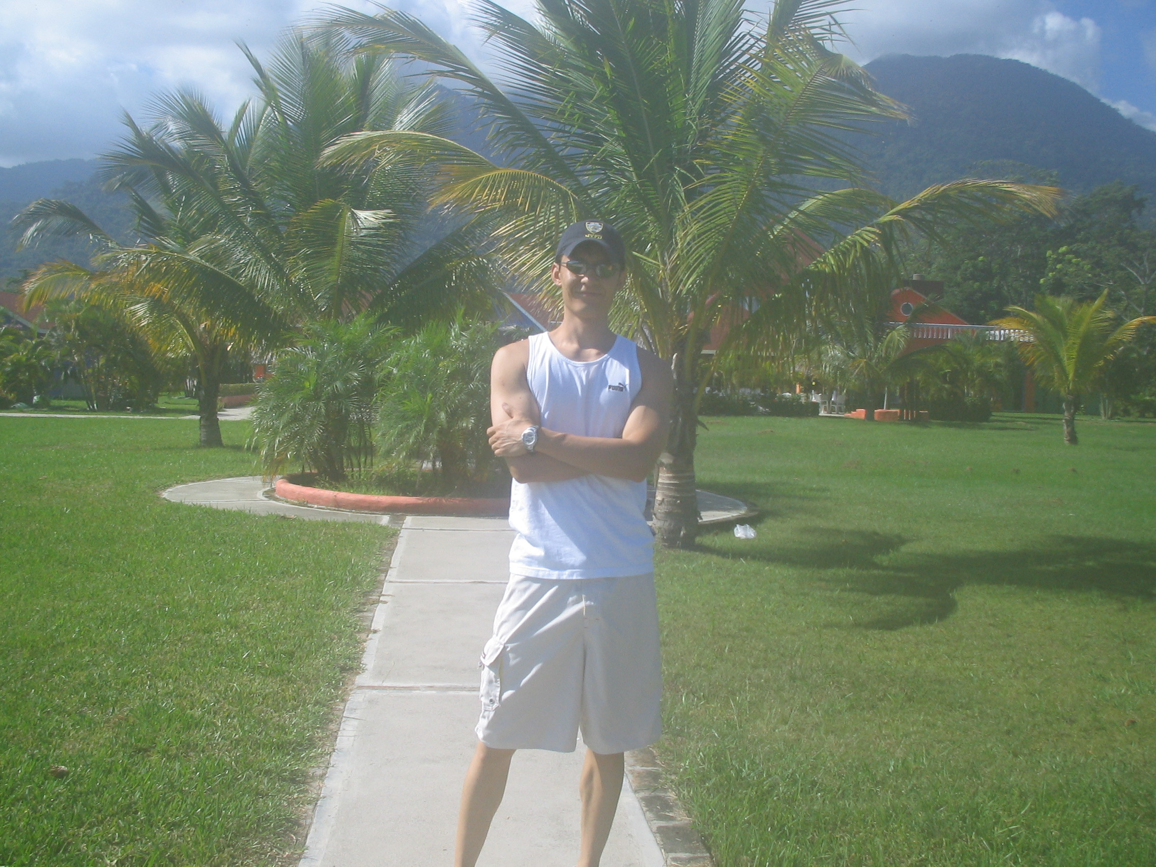 At a tropical resort among palm trees
